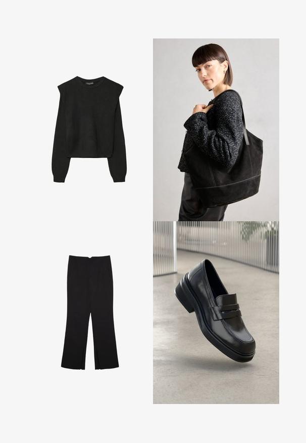 Czarny, długi sweter z dzianiny z poduszkami na ramionach oraz prążkowanymi mankietami i dołem, pokazany na białym tle.; Czarne spodnie o prostym kroju, z przednimi kieszeniami i bocznymi rozcięciami na dole. Wykonane z miękkiego, gładkiego materiału. Odpowiednie na różne okazje.; Czarne skórzane mokasyny o gładkiej powierzchni, zaokrąglonym nosku i niskim obcasie. Posiadają dwa paski jako akcenty na wierzchu stopy.; Czarna torba tote zamszowa o gładkiej fakturze, strukturalnym kształcie i kontrastowym przeszyciu. Posiada długie rączki do noszenia na ramieniu.