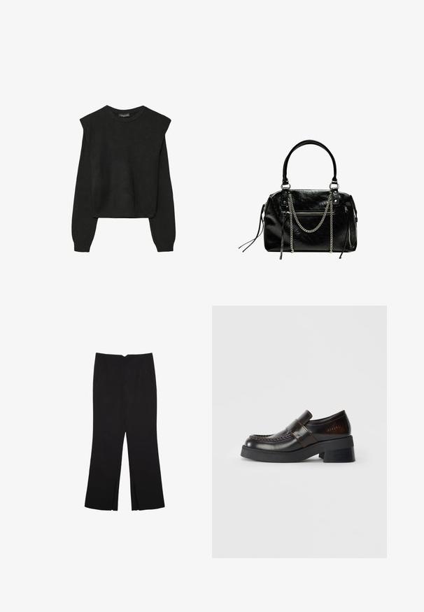 Sort striktrøje med lange ærmer, polstrede skuldre og ribkantede manchetter og kant, vist mod en hvid baggrund.; Sorte bukser med lige pasform, der har frontlommer og slidser i kanten. Lavet af blødt, glat stof. Velegnet til forskellige anledninger.; Brune læder loafers med en kraftig sort hæl, der har en syet design og et bånd over det øverste for ekstra detalje.; Bershka WITH CHAIN - Håndtasker - black
