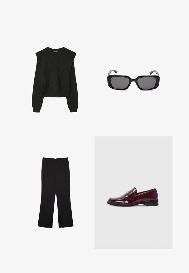 Svart långärmad stickad tröja med vadderade axlar och ribbade muddar och fåll, visad mot en vit bakgrund.; Svarta byxor med rak passform, utrustade med framfickor och sidoklyvningar vid fållen. Tillverkade av mjukt, slätt tyg. Lämpliga för olika tillfällen.; Burgundy lackskinnsloafers med rund tå, som har ett dekorativt band och guldaccent, placerade på en svart gummisula.; Svarta rektangulära solglasögon med mörka linser, slimmad plastbåge och böjda tempel. Designen är kraftig med en minimalistisk estetik.; Blå fransad scarf gjord av mjukt tyg; har en enhetlig färg med en texturerad yta och jämnt klippta fransar i botten.