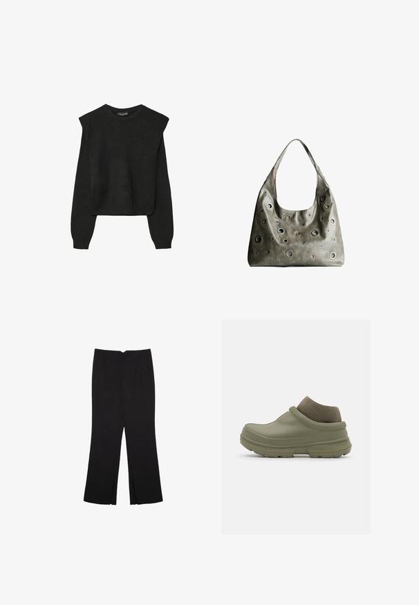Maglione nero a maniche lunghe in maglia con spalle imbottite e polsini e orlo a coste, mostrato su uno sfondo bianco.; Pantaloni neri a gamba dritta, con tasche frontali e spacchi laterali all'orlo. Realizzati in tessuto morbido e liscio. Adatti a diverse occasioni.; Zoccolo verde oliva con punta arrotondata e suola in gomma testurizzata. Include un colletto a maglia alla caviglia e una finitura liscia sul materiale superiore.; Borsa a tracolla in pelle verde oliva con un design morbido, caratterizzata da tagli circolari di diverse dimensioni e dettagli in tonalità più scure e più chiare.