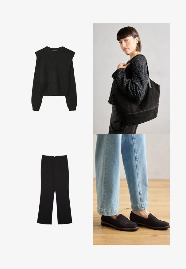 Zwart gebreid trui met lange mouwen, voorzien van gewatteerde schouders en geribbelde manchetten en onderrand, weergegeven tegen een witte achtergrond.; Zwarte broek met een rechte pasvorm, voorzien van zijzakken en plooien aan de onderzijde. Gemaakt van zachte, gladde stof. Geschikt voor verschillende gelegenheden.; Zwarte suède instappers met een flat sole en accentstiksels, gedragen met lichtblauwe, iets geknipte denim jeans op een houten vloer.; Zwarte suede schoudertas met een gladde textuur, gestructureerde vorm en contrasterende stiksels. Voorzien van lange hengsels voor schouderdraag.