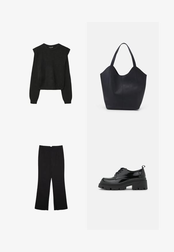 Pull en tricot noir à manches longues avec épaules rembourrées et poignets et ourlet côtelés, présenté sur un fond blanc.; Pantalon noir avec une coupe droite, doté de poches avant et d'éclairs sur l'ourlet. Fabriqué en tissu doux et lisse. Convient à diverses occasions.; Chaussures en cuir patiné noir avec une semelle épaisse et chunky, dotées de lacets épais. Embout arrondi, détails minimaux et un petit tirant à l'arrière.; Sac fourre-tout noir en cuir lisse, doté d'un haut ouvert et courbé avec deux brides d'épaule et un design minimaliste.