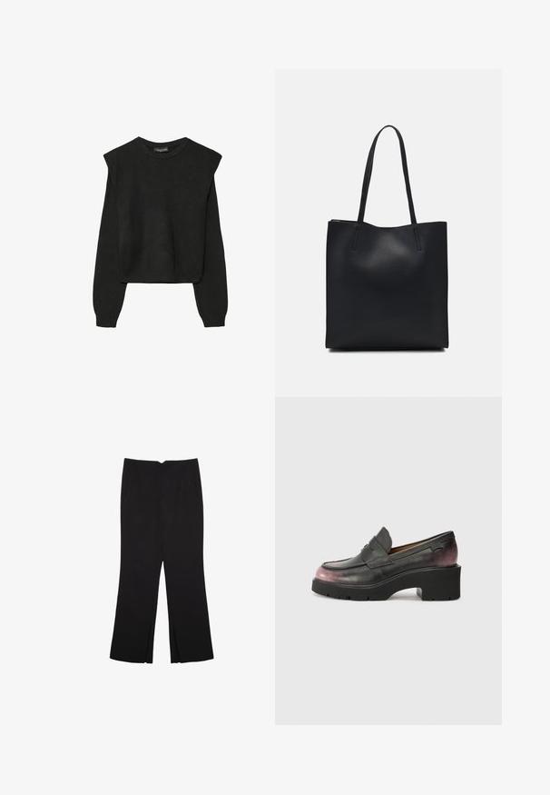 Pull en tricot noir à manches longues avec épaules rembourrées et poignets et ourlet côtelés, présenté sur un fond blanc.; Pantalon noir avec une coupe droite, doté de poches avant et d'éclairs sur l'ourlet. Fabriqué en tissu doux et lisse. Convient à diverses occasions.; Mocassins en cuir noir avec un bout arrondi, une sangle d'accent et un dégradé tonal allant du noir au rose foncé au niveau du talon. Présente une semelle épaisse.; Sac fourre-tout en cuir noir avec une texture lisse, de forme rectangulaire et deux longues poignées. Pas de matériel ou d'ornementations visibles.