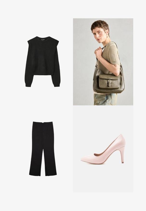 Čierny pletený sveter s dlhými rukávmi, vycpanými ramenami a rebrovanými nápletmi a spodným okrajom, zobrazený na bielom pozadí.; Čierne nohavice so strihom rovného strihu, s prednými vreckami a bočnými rozparkami na leme. Vyrobené z mäkkej, hladkej tkaniny. Vhodné na rôzne príležitosti.; Ružové lakované lodičky na vysokom podpätku s špicatou špičkou a elegantným siluetom, ktoré majú 10-centimetrový stiletto podpätok a hladký povrch.; Olívovo zelená kožená kabelka s predným chlopňovým uzáverom, nastaviteľným popruhom a striebornými kovovými detailami, vystavená na modeli, ktorý nosí pletený top.