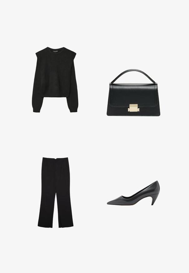 Crna pletena dugoslojna majica sa podloženim ramenima i rebrastim manžetama i rubom, prikazana na bijeloj pozadini.; Crne hlače ravnog kroja, s prednjim džepovima i bočnim prorezima na rubu. Izrađene od mekog i glatkog materijala. Pogodne za razne prigode.; Crne lakirane cipele s uskim vrhom i suženim, srednje visokim potpeticom. Glatka tekstura i minimalni dizajnerski elementi.; Crna kožna torba s strukturiranim dizajnom, gornjom drškom i zlatnim metalnim kopčanjem na prednjoj strani. Glatka tekstura, minimalno šivanje.
