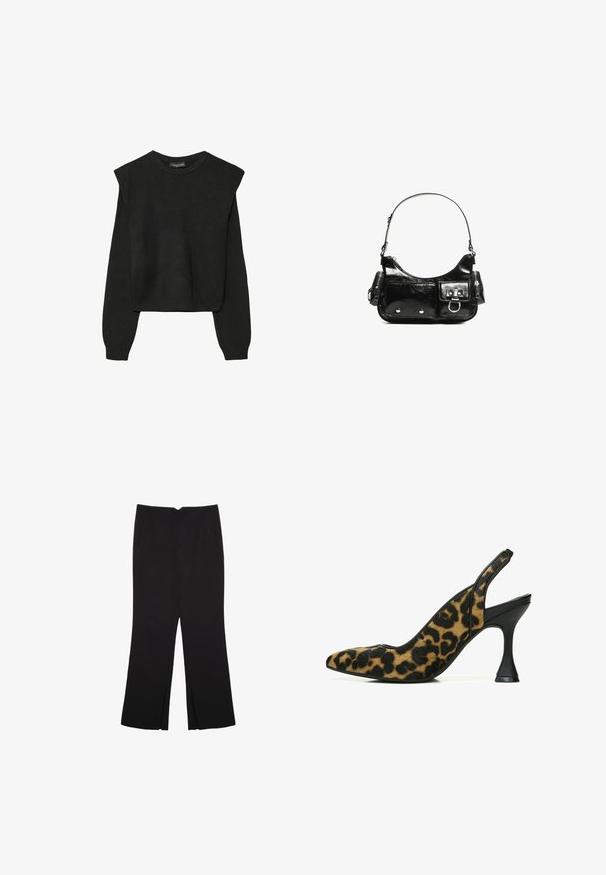 Pull en tricot noir à manches longues avec épaules rembourrées et poignets et ourlet côtelés, présenté sur un fond blanc.; Pantalon noir avec une coupe droite, doté de poches avant et d'éclairs sur l'ourlet. Fabriqué en tissu doux et lisse. Convient à diverses occasions.; Escarpin à brides arrière en imprimé léopard avec un bout pointu, fabriqué en tissu texturé, doté d'un talon fin noir et d'une bride arrière pour un meilleur maintien.; Sac à main en cuir verni noir avec une forme incurvée, une bandoulière, des poches avant et des accents en métal argenté.