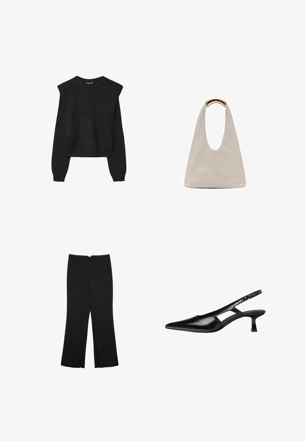 Czarny, długi sweter z dzianiny z poduszkami na ramionach oraz prążkowanymi mankietami i dołem, pokazany na białym tle.; Czarne spodnie o prostym kroju, z przednimi kieszeniami i bocznymi rozcięciami na dole. Wykonane z miękkiego, gładkiego materiału. Odpowiednie na różne okazje.; Czarne lakierowane buty na obcasie z odkrytą piętą, mające spiczasty czubek, wycięcia oraz niski blokowy obcas. Gładka powierzchnia i minimalistyczne akcenty.; Jasnoszara skórzana torba o kształcie litery U z zakrzywionym metalowym uchwytem. Gładka tekstura z minimalnymi szwami i bez widocznych wzorów.