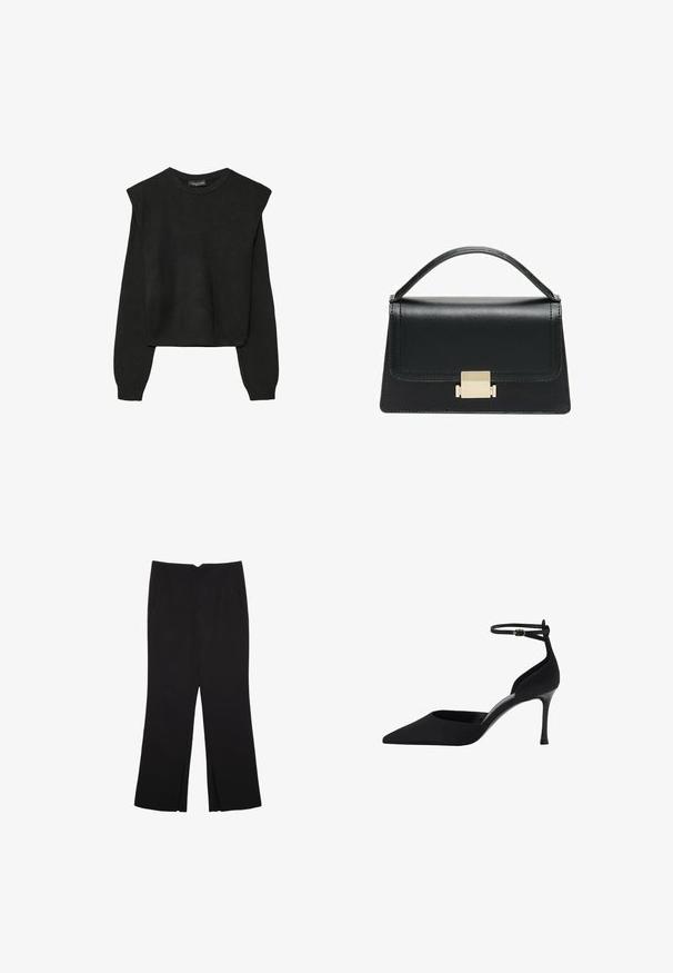 Čierny pletený sveter s dlhými rukávmi, vycpanými ramenami a rebrovanými nápletmi a spodným okrajom, zobrazený na bielom pozadí.; Čierne nohavice so strihom rovného strihu, s prednými vreckami a bočnými rozparkami na leme. Vyrobené z mäkkej, hladkej tkaniny. Vhodné na rôzne príležitosti.; Čierna lodička s ostrou špičkou a tenkým opätkom, otvorenou zadnou časťou a remienkom na členku. Vyrobená z hladkého materiálu s elegantným dizajnom.; Čierna kožená kabelka so štruktúrovaným prevedením, horným madlom a detailom zlatého kovového uzáveru na prednej strane. Hladká textura, minimálne šitie.