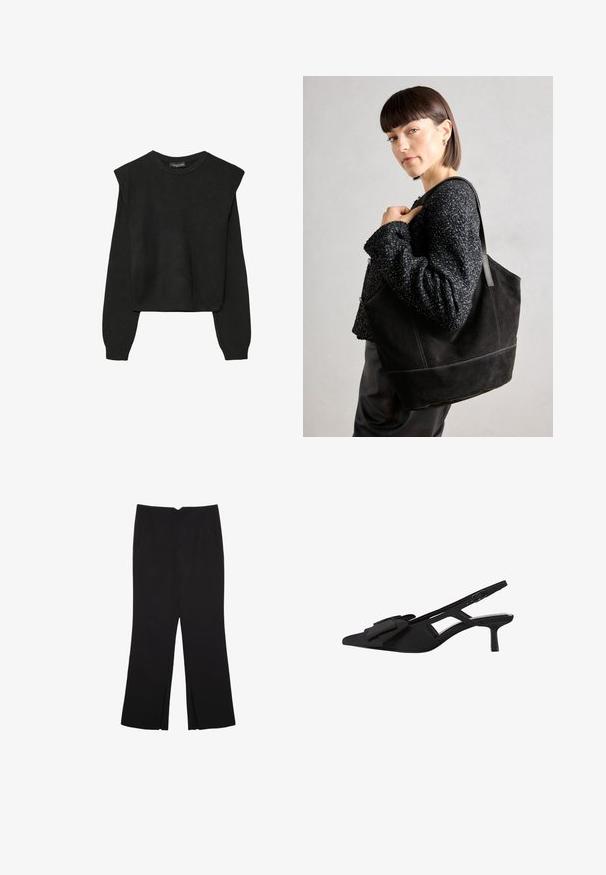 Czarny, długi sweter z dzianiny z poduszkami na ramionach oraz prążkowanymi mankietami i dołem, pokazany na białym tle.; Czarne spodnie o prostym kroju, z przednimi kieszeniami i bocznymi rozcięciami na dole. Wykonane z miękkiego, gładkiego materiału. Odpowiednie na różne okazje.; Czarne sandały na obcasie typu slingback z wydłużonym noskiem, wykonane z materiału tkaninowego, z płaską kokardą z przodu oraz smukłym średnim obcasem. Otwarta boczna część i regulowany pasek.; Czarna torba tote zamszowa o gładkiej fakturze, strukturalnym kształcie i kontrastowym przeszyciu. Posiada długie rączki do noszenia na ramieniu.