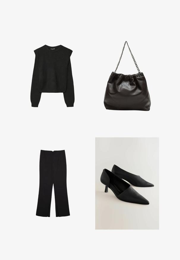Črn dolgi pulover iz pletenine z oblazinjenimi rameni ter rebrastimi manšetami in robom, prikazan na beli podlagi.; Črne hlače ravnega kroja z naglavnimi žepi in stranskimi razporki na robu. Narejene iz mehke, gladke tkanine. Primerne za različne priložnosti.; Črne usnjene čevlje s peto, z ostrim nosom, ki se ponašajo z minimalističnim oblikovanjem in kratko, kvadratno peto. Gladka tekstura in elegantna silhueta.; Rjava usnjena torba z nabranim vrhom in verižnim trakom. Gladka tekstura z sijajno površino in subtilnimi šivi na straneh.
