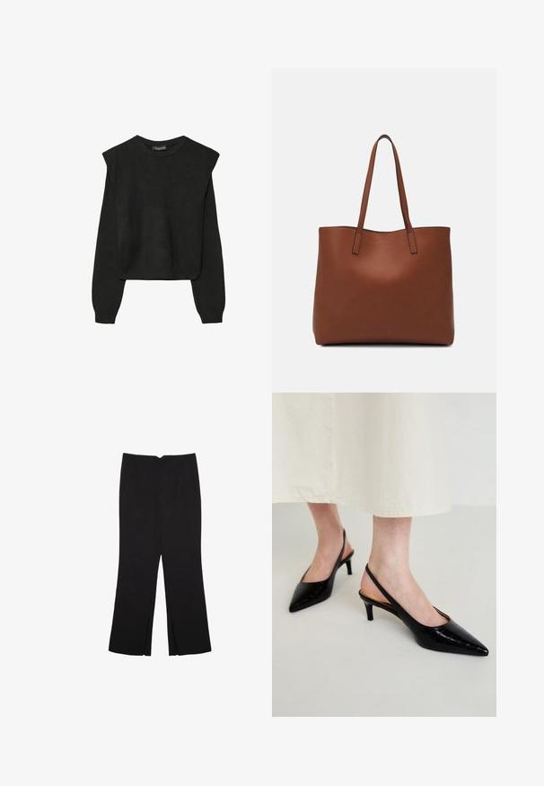 Črn dolgi pulover iz pletenine z oblazinjenimi rameni ter rebrastimi manšetami in robom, prikazan na beli podlagi.; Črne hlače ravnega kroja z naglavnimi žepi in stranskimi razporki na robu. Narejene iz mehke, gladke tkanine. Primerne za različne priložnosti.; Črne slingback pete s ostrim prstom in teksturiranim krokodilskim vzorcem, vitkim peto in odprtim hrbtom. Material deluje sijoče in elegantno.; Rjava usnjena torba z gladko teksturo, odprto zasnovo zgoraj in dvema naramnima trakovoma. Opremljena je z minimalnim šivanjem in brez vidnih kovinskih delov.