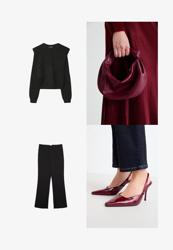 Mustat pitkätuuliseset neulepaidat, joissa on toppaukset harteilla sekä ribbaus hihansuissa ja helmassa, esitetty valkoista taustaa vasten.; Mustat housut suoralinjaisella leikkauksella, joissa on etutaskut ja sivurei'ät helman alla. Valmistettu pehmeästä ja sileästä kankaasta. Sopii eri tilaisuuksiin.; Burgundy patentoimattomat niitit avokkaat, joissa on terävä kärki ja ohut stiletto-korko, avoin takaosa ja minimalistinen muotoilu.; Burgundy-nahkakäsilaukku, jossa on pehmeä, ryppyinen muotoilu ja pyöreä muoto. Kahva on kiinnitetty tukevasti, ja siinä on sileä pinta.