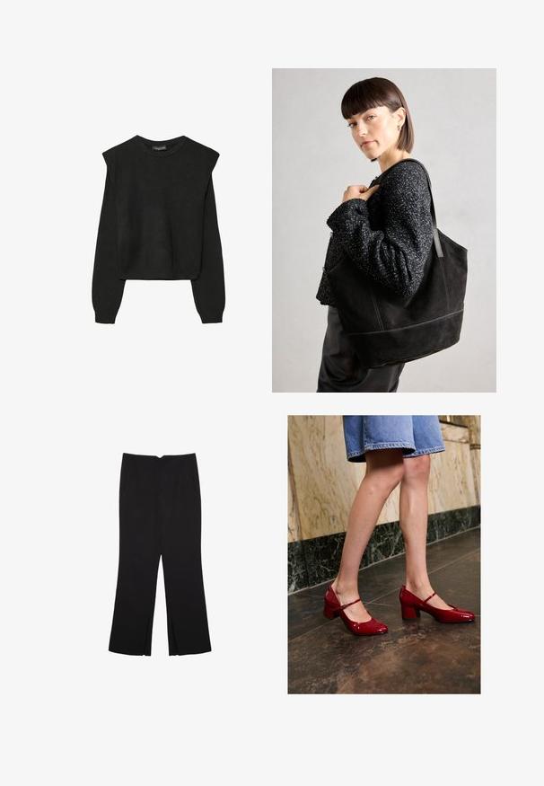 Crna pletena dugoslojna majica sa podloženim ramenima i rebrastim manžetama i rubom, prikazana na bijeloj pozadini.; Crne hlače ravnog kroja, s prednjim džepovima i bočnim prorezima na rubu. Izrađene od mekog i glatkog materijala. Pogodne za razne prigode.; Osoba u sjajnim crvenim Mary Jane potpeticama s blokovima i plavoj traper suknji stoji na tamnom pločicama bliži mramornom zidu.; Crna suede torba s glatkom teksturom, strukturiranim oblikom i kontrastnim šavovima. Ima duge trake za nošenje preko ramena.