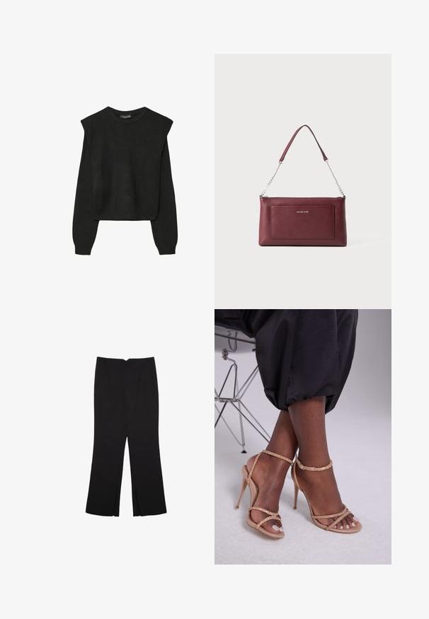 Čierny pletený sveter s dlhými rukávmi, vycpanými ramenami a rebrovanými nápletmi a spodným okrajom, zobrazený na bielom pozadí.; Čierne nohavice so strihom rovného strihu, s prednými vreckami a bočnými rozparkami na leme. Vyrobené z mäkkej, hladkej tkaniny. Vhodné na rôzne príležitosti.; Béžové sandále na opätku s kryštálovými ozdobami, s otvorenou špičkou, tenkými popruhmi a elegantným siluetou.; Bordová kožená kabelka s textúrovaným povrchom, slim obdĺžnikový tvar, odnímateľný reťazový popruh a predný akcent s logom.