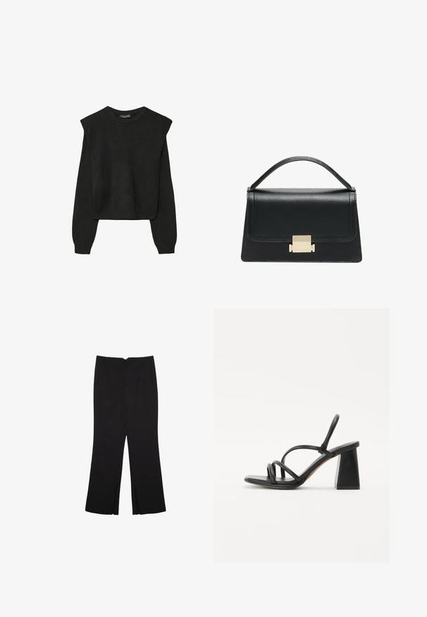 Mustat pitkätuuliseset neulepaidat, joissa on toppaukset harteilla sekä ribbaus hihansuissa ja helmassa, esitetty valkoista taustaa vasten.; Mustat housut suoralinjaisella leikkauksella, joissa on etutaskut ja sivurei'ät helman alla. Valmistettu pehmeästä ja sileästä kankaasta. Sopii eri tilaisuuksiin.; Musta korkokengät, joissa on neliömäinen, paksu korko, useita ohuita hihnoja jalan päällä ja avoin takaosa. Sileä nahkatekstuuri.; Musta nahkakäsilaukku, jossa on jämäkkä muotoilu, yläkahva ja kultainen metallisolki edessä. Sujuva pinta, minimaalinen ompelu.