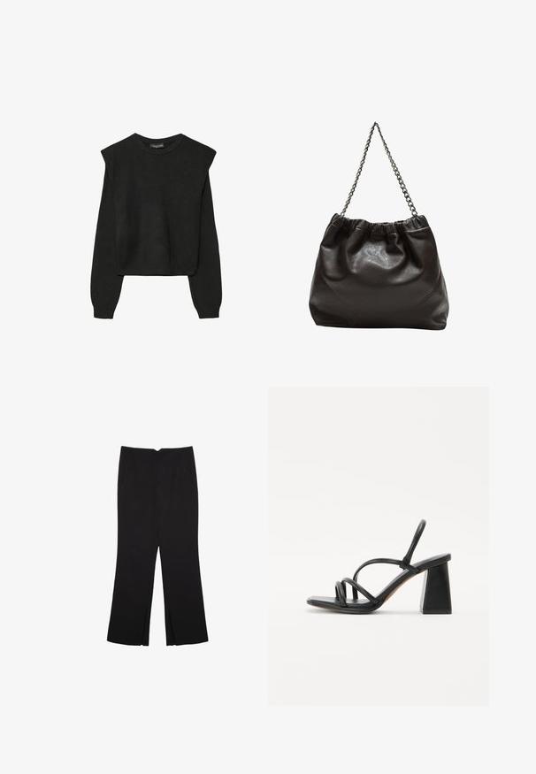 Czarny, długi sweter z dzianiny z poduszkami na ramionach oraz prążkowanymi mankietami i dołem, pokazany na białym tle.; Czarne spodnie o prostym kroju, z przednimi kieszeniami i bocznymi rozcięciami na dole. Wykonane z miękkiego, gładkiego materiału. Odpowiednie na różne okazje.; Czarna sandałek na obcasie z kwadratowym, grubym obcasem, z wieloma cienkimi paskami na stopie i otwartym designem z tyłu. Gładka skórzana tekstura.; Brązowa skórzana torba z marszczonym szczytem i łańcuszkowym paskiem. Gładka tekstura z błyszczącym wykończeniem i subtelnymi detalami szwów po bokach.