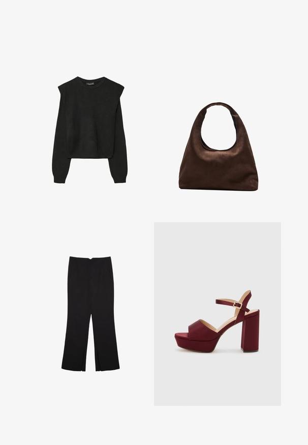 Črn dolgi pulover iz pletenine z oblazinjenimi rameni ter rebrastimi manšetami in robom, prikazan na beli podlagi.; Črne hlače ravnega kroja z naglavnimi žepi in stranskimi razporki na robu. Narejene iz mehke, gladke tkanine. Primerne za različne priložnosti.; Burgundy platform sandale z odprtim nosom, debelim bloko peto, trakovi okrog gležnja in satenskimi zaključki. Imajo prepleteno sprednjo zasnovo.; Mehakna rjava torbica v hobo stilu z enim širokim trakom in ukrivljenim odprtjem na vrhu, prikazana na beli podlagi.