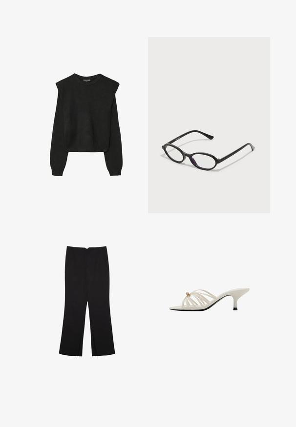 Czarny, długi sweter z dzianiny z poduszkami na ramionach oraz prążkowanymi mankietami i dołem, pokazany na białym tle.; Czarne spodnie o prostym kroju, z przednimi kieszeniami i bocznymi rozcięciami na dole. Wykonane z miękkiego, gładkiego materiału. Odpowiednie na różne okazje.; Białe sandały na obcasie z paskami o zakrzywionym kształcie, z złotym akcentem i czarną podeszwą. Gładka tekstura i otwarty czubek.; Czarne okulary w owalnej oprawie z przezroczystymi fioletowymi akcentami na soczewkach. Oprawki mają matowe wykończenie oraz smukłe, proste zauszniki.; Miękka, brązowa torebka w stylu hobo z jedną szeroką rączką i wyprofilowanym otwarciem, wyeksponowana na białym tle.