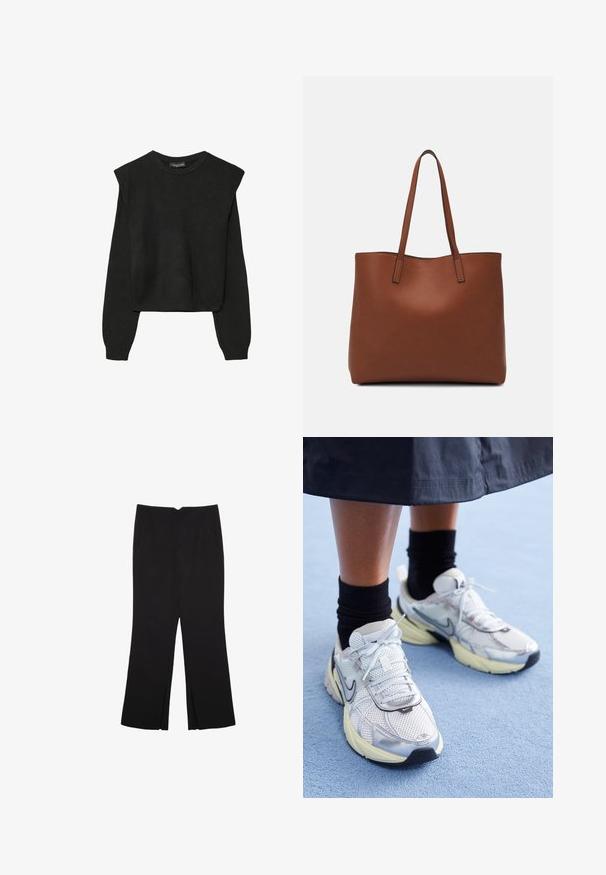 Czarny, długi sweter z dzianiny z poduszkami na ramionach oraz prążkowanymi mankietami i dołem, pokazany na białym tle.; Czarne spodnie o prostym kroju, z przednimi kieszeniami i bocznymi rozcięciami na dole. Wykonane z miękkiego, gładkiego materiału. Odpowiednie na różne okazje.; Białe i srebrne sneakersy Nike z siateczkowym materiałem, odblaskowymi akcentami i beżową podeszwą. Noszone z czarnymi skarpetkami, stojące na niebieskiej powierzchni.; Brązowa skórzana torba tote o gładkiej fakturze, z otwartym wierzchem i dwoma ramiączkami. Charakteryzuje się minimalnym przeszyciem i brakiem widocznych elementów metalowych.