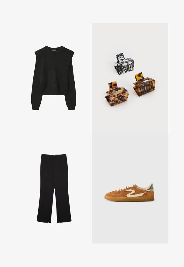 Sort striktrøje med lange ærmer, polstrede skuldre og ribkantede manchetter og kant, vist mod en hvid baggrund.; Sorte bukser med lige pasform, der har frontlommer og slidser i kanten. Lavet af blødt, glat stof. Velegnet til forskellige anledninger.; Suedestøvler i brun og creme med et unikt zigzag-design, beigefarvede snørrebånd og en gummirubsål. Metalliske detaljer på hælen.; Tre hårnåle: en sort og hvid marmorering, to skildpadde i brune og sorte nuancer, alle lavet af blank plast med en struktureret finish.