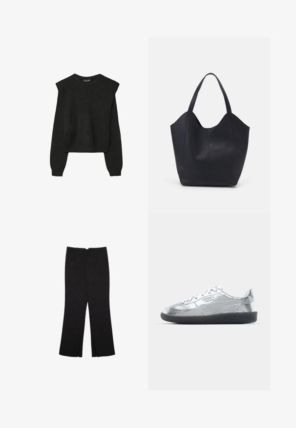 Maglione nero a maniche lunghe in maglia con spalle imbottite e polsini e orlo a coste, mostrato su uno sfondo bianco.; Pantaloni neri a gamba dritta, con tasche frontali e spacchi laterali all'orlo. Realizzati in tessuto morbido e liscio. Adatti a diverse occasioni.; Sneakers argentati con una tomaia liscia e riflettente, dotati di suole in gomma nere e un classico design con allacciatura. Logo Puma sul lato.; Borsa tote nera realizzata in pelle liscia, con una parte superiore curva e aperta, dotata di due manici per spalla e un design minimalista.