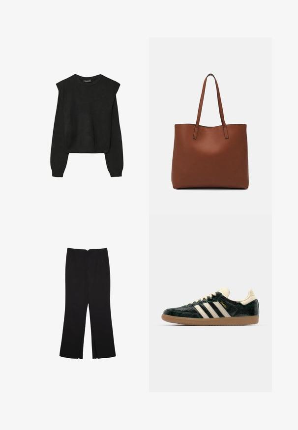 Svart långärmad stickad tröja med vadderade axlar och ribbade muddar och fåll, visad mot en vit bakgrund.; Svarta byxor med rak passform, utrustade med framfickor och sidoklyvningar vid fållen. Tillverkade av mjukt, slätt tyg. Lämpliga för olika tillfällen.; adidas Originals SAMBA OG - Sneakers - cream white/collegiate green; Brun läder tote-väska med en slät textur, öppen toppdesign och två axelremmar. Har minimal söm och ingen synlig metalldetalj.
