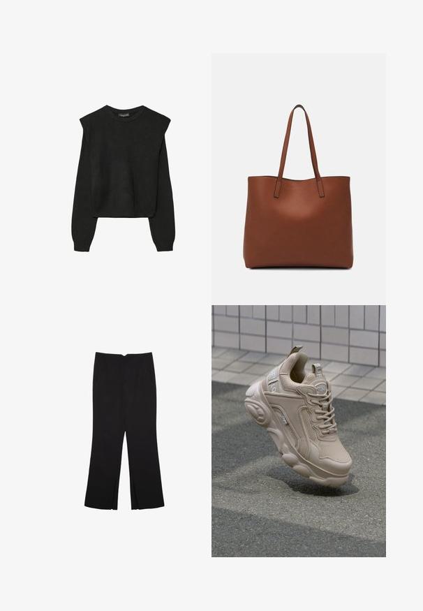 Černý pletený svetr s dlouhými rukávy, vycpanými ramenními částmi a ribbovanými manžetami a lemem, zobrazený na bílém pozadí.; Černé kalhoty s rovným střihem, s předními kapsami a bočními rozparky na lemu. Vyrobené z jemné, hladké tkaniny. Vhodné na různé příležitosti.; Béžová sportovní obuv s pletivem a syntetickým svrškem, polstrovaným límcem a robustní podrážkou s texturovanými akcenty. Branding viditelný na boku.; Hnědá kožená taška přes rameno s hladkou texturou, otevřeným designem a dvěma ramenními popruhy. Obsahuje minimální švy a žádné viditelné kovové prvky.