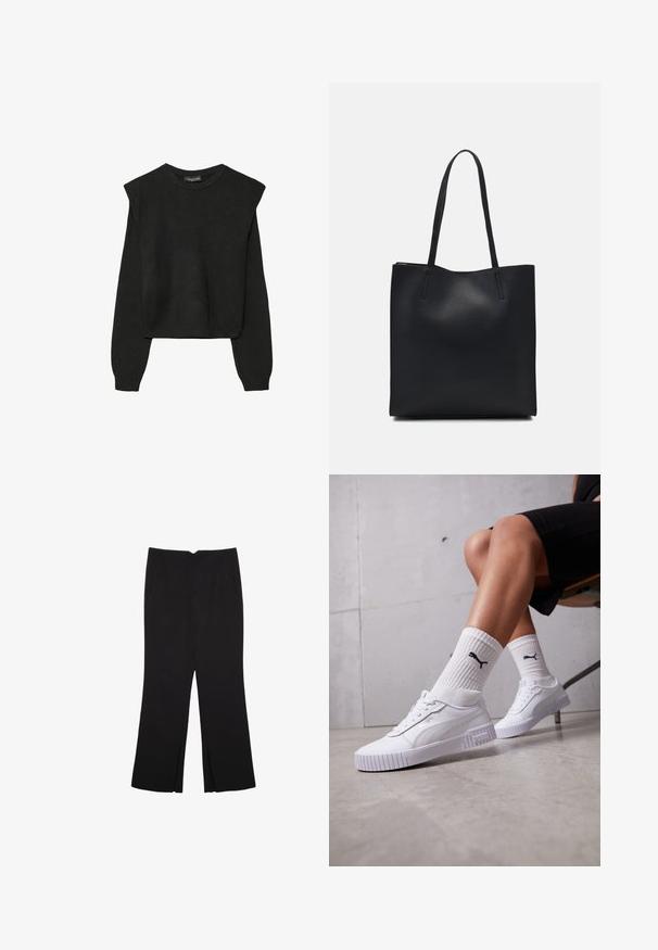 Schwarzer, langärmeliger, gestrickter Pullover mit gepolsterten Schultern sowie gerippten Bündchen und Saum, dargestellt vor einem weißen Hintergrund.; Schwarze Hose mit geradem Schnitt, ausgestattet mit Fronttaschen und Seitenschlitzen am Saum. Hergestellt aus weichem, glattem Stoff. Geeignet für verschiedene Anlässe.; Weiße Sneaker mit einer glatten synthetischen Oberseite, strukturiertem Sohle und texturierten Akzenten. Getragen mit weißen gerippten Socken, die ein kleines Logo aufweisen.; Schwarze Laptoptasche aus Leder mit glatter Textur, rechteckiger Form und zwei langen Griffen. Keine sichtbaren Beschläge oder Verzierungen.