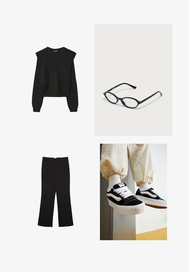 Zwart gebreid trui met lange mouwen, voorzien van gewatteerde schouders en geribbelde manchetten en onderrand, weergegeven tegen een witte achtergrond.; Zwarte broek met een rechte pasvorm, voorzien van zijzakken en plooien aan de onderzijde. Gemaakt van zachte, gladde stof. Geschikt voor verschillende gelegenheden.; Zwart-witte suède sneakers met platte witte veters, textuur rubberen zolen en een zijstreepdesign. G gedragen met crèmekleurige, taps toelopende broek.; Zwarte ovale brillen met doorschijnende paarse accenten op de lenzen. De monturen hebben een matte afwerking en slanke, rechte veren.