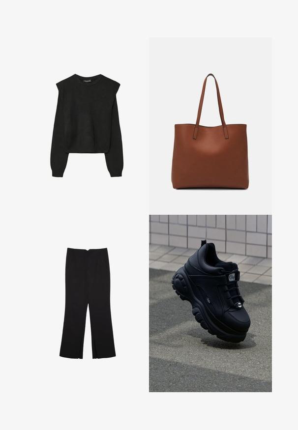 Crna pletena dugoslojna majica sa podloženim ramenima i rebrastim manžetama i rubom, prikazana na bijeloj pozadini.; Crne hlače ravnog kroja, s prednjim džepovima i bočnim prorezima na rubu. Izrađene od mekog i glatkog materijala. Pogodne za razne prigode.; Crne masivne tenisice s glatkom kožnom završnom obradom, vezanje sprijeda, podstavljeni potplat i utisnuti logo sa strane. Vidljiv strukturirani potplat.; Smeđa kožna torba preko ramena s glatkom teksturom, otvorenim vrhom i dvjema naramenicama. Ima minimalne šavove i nema vidljivog hardvera.