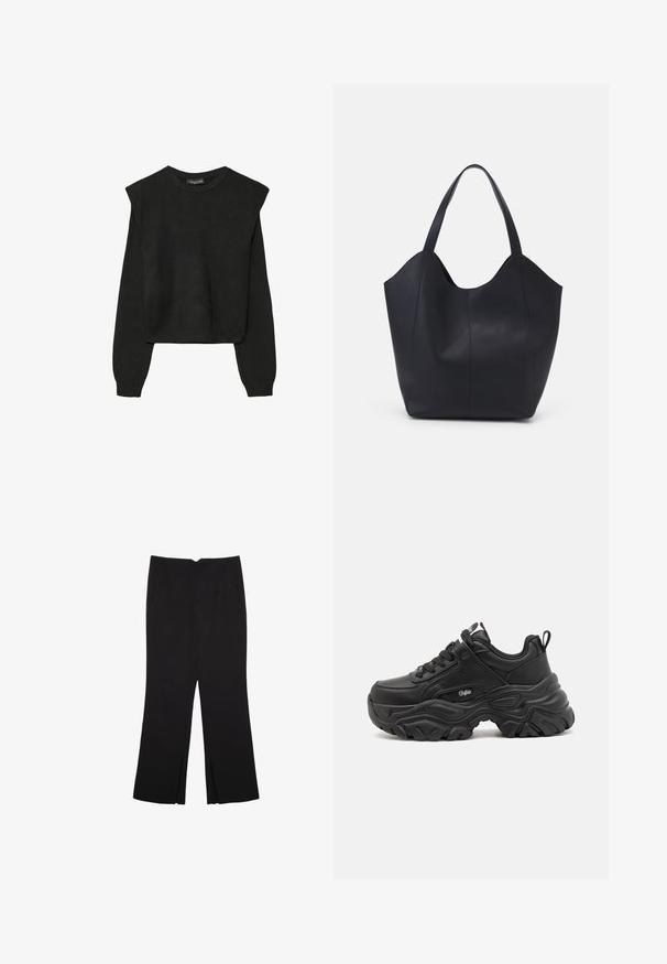Czarny, długi sweter z dzianiny z poduszkami na ramionach oraz prążkowanymi mankietami i dołem, pokazany na białym tle.; Czarne spodnie o prostym kroju, z przednimi kieszeniami i bocznymi rozcięciami na dole. Wykonane z miękkiego, gładkiego materiału. Odpowiednie na różne okazje.; Czarne sportowe trampki z masywną gumową podeszwą, wyściełanym kołnierzem i sznurowanym zapięciem. Wykonane z syntetycznej skóry z subtelnymi akcentami logo.; Czarna torba na ramię wykonana z gładkiej skóry, z zaokrąglonym, otwartym topem i dwoma paskami na ramię oraz minimalistycznym designem.