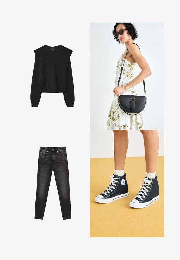 Czarny, długi sweter z dzianiny z poduszkami na ramionach oraz prążkowanymi mankietami i dołem, pokazany na białym tle.; Czarne dżinsy wykonane są w dopasowanym kroju z wysokim stanem, pięcioma kieszeniami i subtelnym zblaknięciem, które dodaje im tekstury. Zakończone zapięciem na guzik z przodu.; Wysokie trampki z ciemnoniebieskiego płótna, z białymi gumowymi podeszwami, sznurowadłami i akcentami. Posiadają okrągłe logo oraz białe detale przeszycia.; Czarna skórzana torebka o zakrzywionym kształcie, z odpinanym paskiem i złotymi akcentami. Torebka posiada klapę z zapięciem w kształcie klamry.