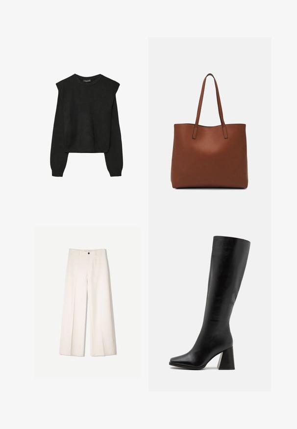 Schwarzer, langärmeliger, gestrickter Pullover mit gepolsterten Schultern sowie gerippten Bündchen und Saum, dargestellt vor einem weißen Hintergrund.; Cremfarbene weitem Hosen mit maßgeschneidertem Design, ausgestattet mit zwei vorderen Taschen und einem vorderen Knopfverschluss, aus glattem Stoff gefertigt.; Schwarze kniehohe Stiefel aus glattem Leder mit quadrater Spitze und einem klobigen, strukturierten Absatz. Einfaches und klassisches Design.; Braune Leder-Tote mit glatter Textur, offenem Oberteil und zwei Schulterriemen. Verfügt über minimale Nähte und keine sichtbaren Beschläge.