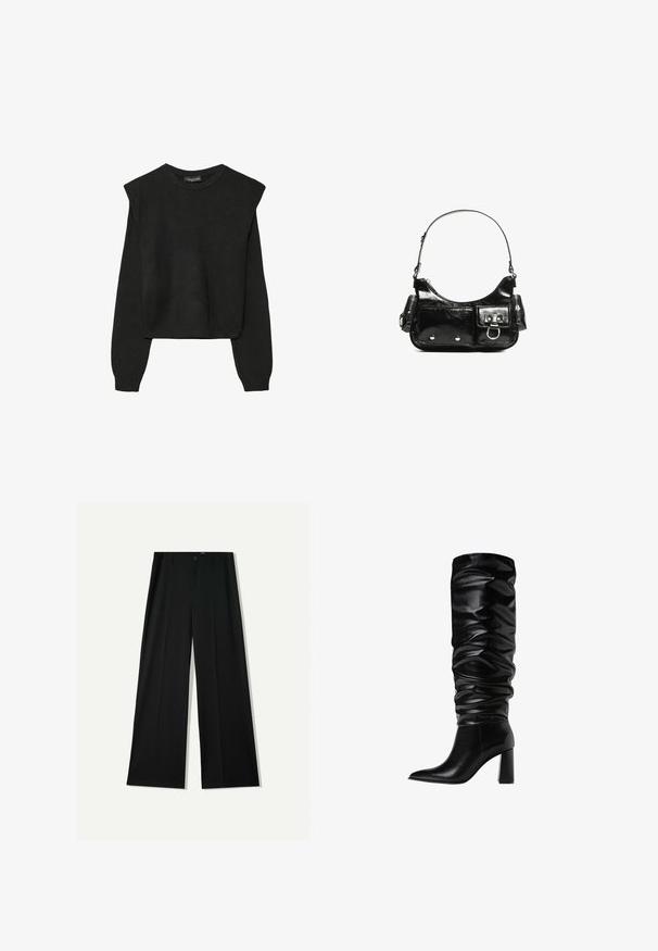Sort striktrøje med lange ærmer, polstrede skuldre og ribkantede manchetter og kant, vist mod en hvid baggrund.; Bershka WIDE - Bukser - black; Knæhøje sorte læderstøvler med et slasket design, spids tå og en robust blokhælt, der har en glat, blank overflade.; Sort patenteret læder håndtaske med en buet form, en skulderrem, frontlommer og hardware accenter i sølvfarve.