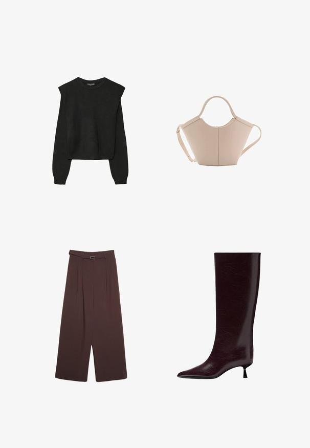 Maglione nero a maniche lunghe in maglia con spalle imbottite e polsini e orlo a coste, mostrato su uno sfondo bianco.; Stradivarius WIDE-LEG WITH BUCKLE DETAIL - Pantaloni - dark brown; Stivale in pelle bordeaux al ginocchio con una finitura liscia e texturizzata, punta affusolata e un tacco sottile e impilato per un'elevazione aggiuntiva.; Borsa in pelle beige con una forma unica, caratterizzata da due manici corti e una lunga tracolla regolabile. Texture liscia con hardware minimale.