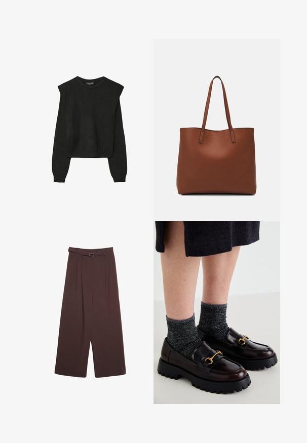 Černý pletený svetr s dlouhými rukávy, vycpanými ramenními částmi a ribbovanými manžetami a lemem, zobrazený na bílém pozadí.; Stradivarius WIDE-LEG WITH BUCKLE DETAIL - Kalhoty - dark brown; Call it Spring CLUELESSS - Polobotky - dark brown; Hnědá kožená taška přes rameno s hladkou texturou, otevřeným designem a dvěma ramenními popruhy. Obsahuje minimální švy a žádné viditelné kovové prvky.