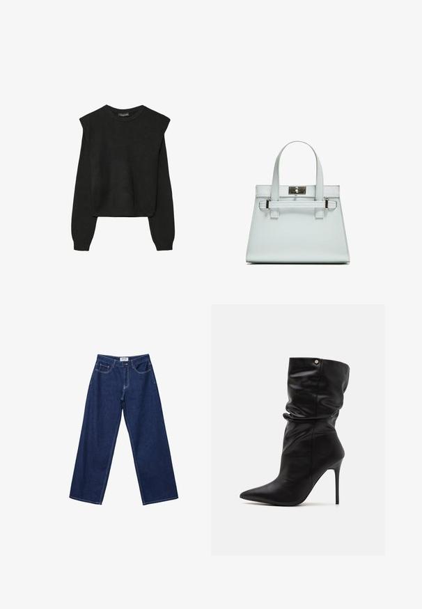 Črn dolgi pulover iz pletenine z oblazinjenimi rameni ter rebrastimi manšetami in robom, prikazan na beli podlagi.; Široke temno modre kavbojke z gumbom, petimi žepi in kontrastnim belim šivanjem. Tkanina ima gladko, rahlo teksturirano površino.; Even&Odd Wide Fit Gležnjarji z visoko peto - black; Svetlo modra torbica z oblikovano zasnovo, dvema ročkama in kljuko iz srebrno-toniranega materiala. Teksturni material in ostri koti.