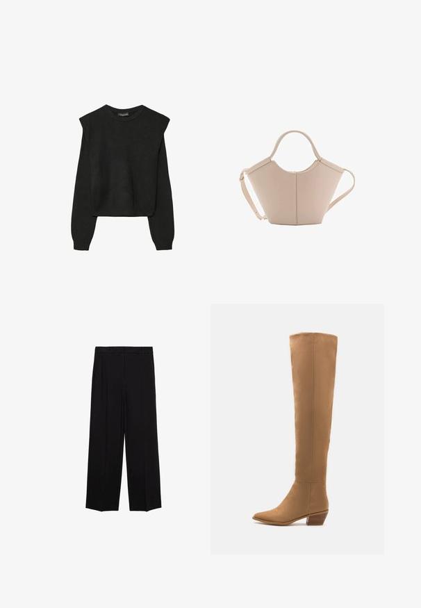 Maglione nero a maniche lunghe in maglia con spalle imbottite e polsini e orlo a coste, mostrato su uno sfondo bianco.; Pantaloni neri a gamba larga in tessuto morbido, con pieghe nella parte frontale e tasche laterali, progettati con una linea dritta e comoda.; Stivali color cammello al ginocchio realizzati in un materiale liscio, con punta affilata e tacco basso impilato. Design semplice, senza motivi o accenti visibili.; Borsa in pelle beige con una forma unica, caratterizzata da due manici corti e una lunga tracolla regolabile. Texture liscia con hardware minimale.