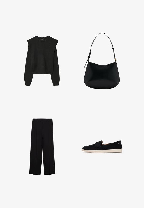 Černý pletený svetr s dlouhými rukávy, vycpanými ramenními částmi a ribbovanými manžetami a lemem, zobrazený na bílém pozadí.; Černé široké kalhoty s hladkým materiálem, s plisováním v přední části a bočními kapsami, navržené s rovný, uvolněný střih.; Cesare Gaspari FLAT SOLE - Mokasíny - black; Černá kožená taška přes rameno s hladkým povrchem, zakřiveným tvarem a nastavitelným uchem. Má minimální prošívání a jednoduchý design.