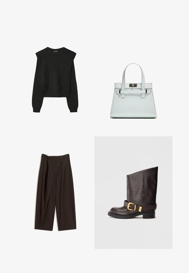 Black long-sleeve knitted sweater with padded shoulders and ribbed cuffs and hem, shown against a white background.; Dark brown wide-leg trousers with a high waist, featuring a single button closure and a pleated front. Made from lightweight fabric.; Dark brown mid-calf leather boot with black sole, low heel, and decorative gold buckle strap around the ankle, shown from the side.; Light blue handbag with structured design, two handles, and a silver-toned hardware clasp. Textured material and sharp corners.