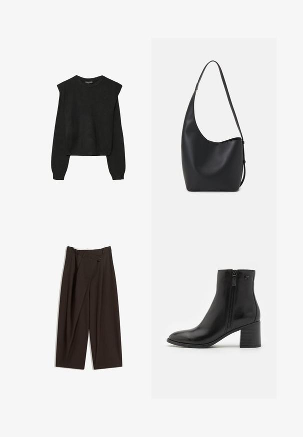 Czarny, długi sweter z dzianiny z poduszkami na ramionach oraz prążkowanymi mankietami i dołem, pokazany na białym tle.; Ciemnobrązowe szerokie spodnie o wysokim stanie, z pojedynczym zapięciem na guzik i plisowanym przodem. Wykonane z lekkiego materiału.; Czarne botki za kostkę wykonane z gładkiej skóry z bocznym zamkiem. Posiadają spiczasty przód i teksturowany obcas w kształcie bloku dla większej stabilności.; Czarna skórzana torba hobo o gładkiej fakturze, zaokrąglonym kształcie i pojedynczym, regulowanym pasku; posiada szerokie otwarcie na górze.