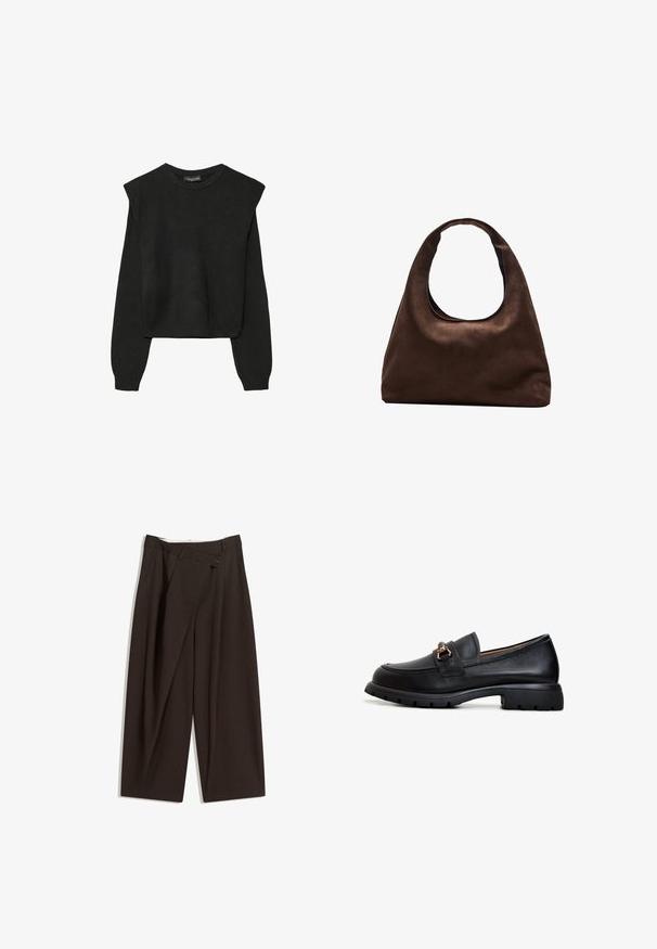 Czarny, długi sweter z dzianiny z poduszkami na ramionach oraz prążkowanymi mankietami i dołem, pokazany na białym tle.; Ciemnobrązowe szerokie spodnie o wysokim stanie, z pojedynczym zapięciem na guzik i plisowanym przodem. Wykonane z lekkiego materiału.; Czarne skórzane mokasyny z okrągłym noskiem, dekoracyjnym złotym okuciem oraz solidną gumową podeszwą z teksturowanym wzorem zapewniającym dobrą przyczepność.; Miękka, brązowa torebka w stylu hobo z jedną szeroką rączką i wyprofilowanym otwarciem, wyeksponowana na białym tle.