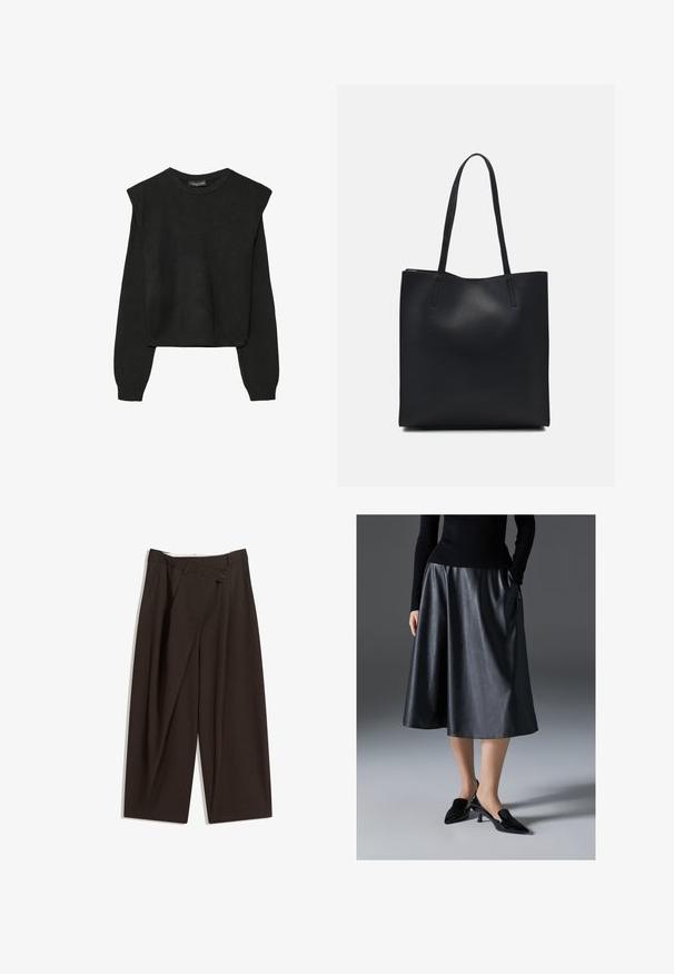 Črn dolgi pulover iz pletenine z oblazinjenimi rameni ter rebrastimi manšetami in robom, prikazan na beli podlagi.; Temno rjave široke hlače z visokim pasom, ki imajo en gumb za zapiranje in zamaščen sprednji del. Narejene so iz lahkega blaga.; Črna usnjena midi krila z gladko teksturo; vsebuje pas in stranske žepke. Kombinirana z sijočimi črnimi čevlji na peto.; Črna usnjena torba s svilnato teksturo, pravokotne oblike in dvema dolgima ročajema. Brez vidnih metalnih delov ali okrasnih elementov.