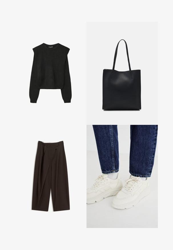 Schwarzer, langärmeliger, gestrickter Pullover mit gepolsterten Schultern sowie gerippten Bündchen und Saum, dargestellt vor einem weißen Hintergrund.; Dunkelbraune, weite Hosen mit hohem Bund, die über einen einzigen Knopfverschluss und eine gefaltete Vorderseite verfügen. Hergestellt aus leichtem Stoff.; Weiße Sportsneaker mit einer klobigen Sohle, Schnürdesign und strukturierten Paneelen. Kombiniert mit dunkelblauen Jeans und hellgrauen Socken.; Schwarze Laptoptasche aus Leder mit glatter Textur, rechteckiger Form und zwei langen Griffen. Keine sichtbaren Beschläge oder Verzierungen.