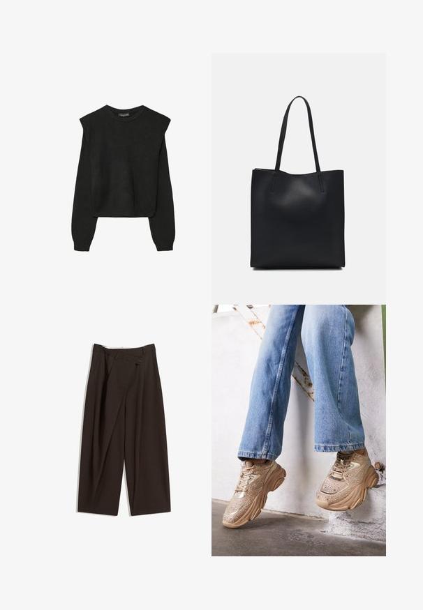 Mustat pitkätuuliseset neulepaidat, joissa on toppaukset harteilla sekä ribbaus hihansuissa ja helmassa, esitetty valkoista taustaa vasten.; Tummanruskeat leveälahkeiset housut, joissa on korkea vyötärö, yhden napin sulkea ja pleatattu etuosa. Valmistettu kevyestä kankaasta.; Beige lenkkarit, joissa on metallisia yksityiskohtia, teksturoitu pinta ja strassi koristeita, yhdistettynä vaaleansinisiin suoralahkeisiin farkkuihin.; Mustapahkainen kangaskassi, jossa on sileä pinta, suorakaiteen muotoinen ja kaksi pitkää kahvaa. Ei näkyvää metalliosaa tai koristeita.