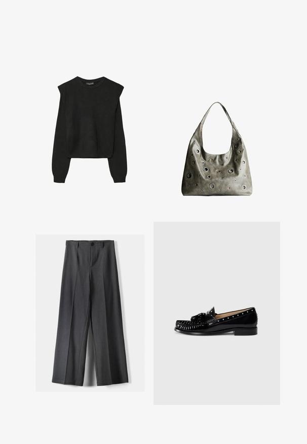 Black long-sleeve knitted sweater with padded shoulders and ribbed cuffs and hem, shown against a white background.; Wide-leg trousers in dark grey fabric, featuring a button closure, front pleats, and belt loops. Smooth texture with a tailored design.; Black leather loafers with decorative stitching, metal studs along the upper, a low heel, and a textured bow accent on the front.; Olive green leather handbag with a slouchy design, featuring various sized circular cutouts and accents in darker and lighter shades.