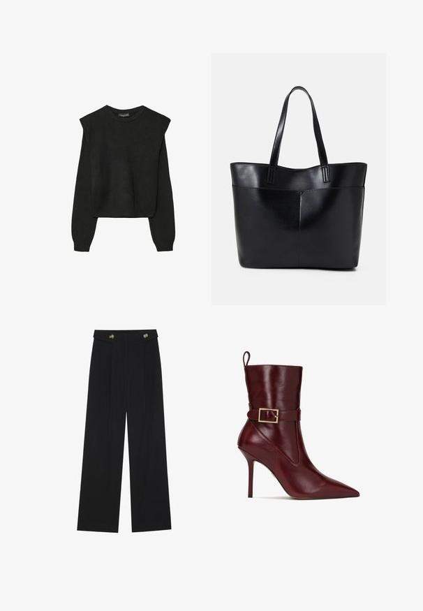 Crna pletena dugoslojna majica sa podloženim ramenima i rebrastim manžetama i rubom, prikazana na bijeloj pozadini.; Crne hlače širokih nogavica s visokim strukom, s dugmadi na pojasu i prednjim nabora.; Bordo kožni gležnjač s uskim vrhom i stiletto potpeticom. Ima bočnu kopču i glatku teksturu. Na stražnjoj strani se nalazi uzica za lakše obuvanje.; Crna kožna torba s dugim ručkama, glatkom teksturom i strukturiranim oblikom. Ima prednju džep za dodatno pohranu.