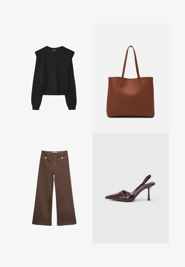 Pull en tricot noir à manches longues avec épaules rembourrées et poignets et ourlet côtelés, présenté sur un fond blanc.; Pantalons larges marron en coton, dotés de deux poches avant avec des boutons argentés, et une texture lisse.; Escarpin slingback en cuir verni bordeaux avec bout pointu, fine bride à la cheville et petit détail décoratif de boucle. Texture lisse et talon haut.; Sac fourre-tout en cuir marron avec une texture lisse, design à ouverture supérieure et deux poignées pour le porter à l'épaule. Présente des coutures minimales et aucun matériel visible.