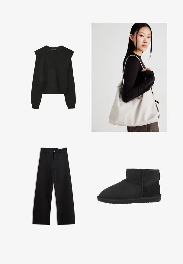 Črn dolgi pulover iz pletenine z oblazinjenimi rameni ter rebrastimi manšetami in robom, prikazan na beli podlagi.; Črne široke denim hlače z visokim pasom, ki imajo sprednje in zadnje žepe, šivane šive ter gumbasto zapiranje. Gladka tekstura.; Črne gležnjarje iz semiša in mehkega blaga, ki imajo okroglo nos, ravno gumijasto podplat in kratek, zožen ščit.; Bežna torbica iz mehkega materiala, z ohlapno zasnovo, šivi in dvema naramnicama. Primerna za vsakodnevno uporabo.