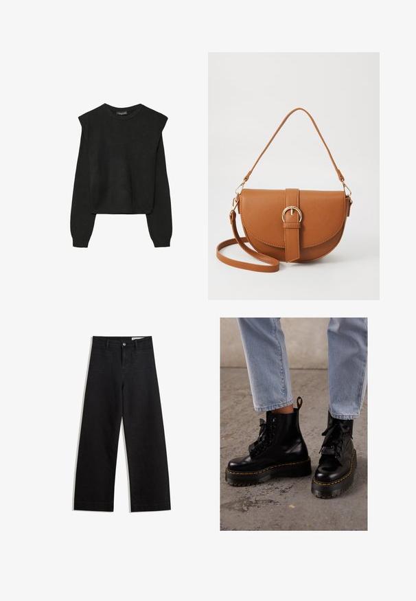 Maglione nero a maniche lunghe in maglia con spalle imbottite e polsini e orlo a coste, mostrato su uno sfondo bianco.; Pantaloni in denim neri a gamba larga con vita alta, dotati di tasche anteriori e posteriori, cuciture a punto, e chiusura con bottone. Texture liscia.; Stivali neri in pelle alla caviglia con suola spessa, punta rotonda, lacci a nastro, cuciture gialle e inserto per il tallone sul retro.; Borsa a tracolla in pelle marrone con forma curvata, hardware dorato e un dettaglio con fibbia. Presenta una tracolla rimovibile.